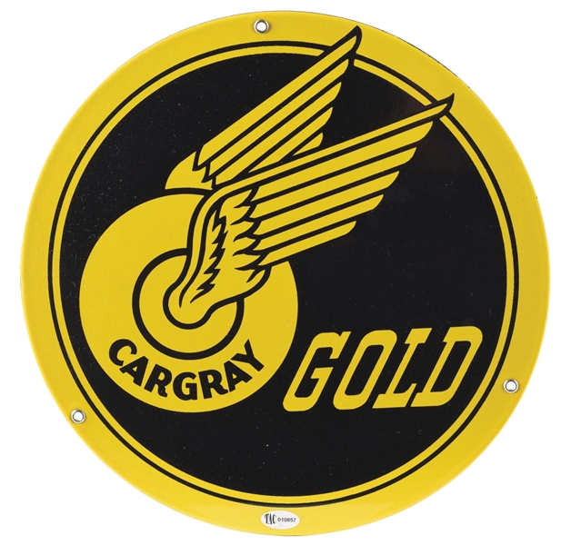 CARGRAY GOLD GASOLINE PORCELAIN PUMP PLATE SIGN W/ WINGED WHEEL GRAPHIC. 