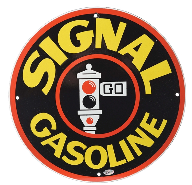 SIGNAL GASOLINE "RED LIGHT" PORCELAIN PUMP PLATE SIGN W/ STOPLIGHT GRAPHIC. 