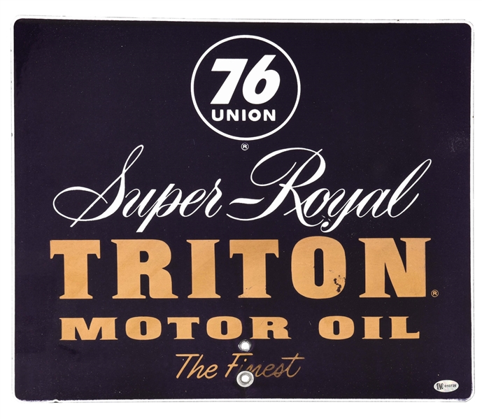 RARE UNION 76 SUPER ROYAL TRITON MOTOR OIL PORCELAIN QUART CAN RACK SIGN.