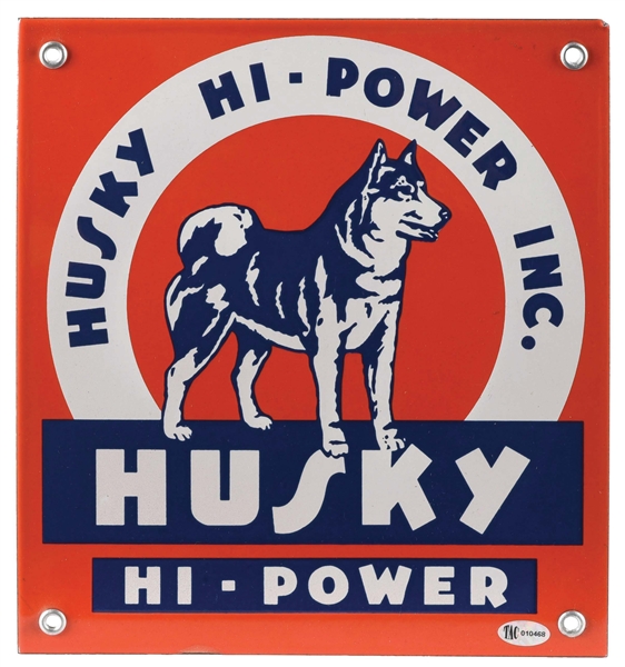 RARE HUSKY HI-POWER GASOLINE "MINI" PORCELAIN PUMP PLATE SIGN W/ HUSKY DOG GRAPHIC. 
