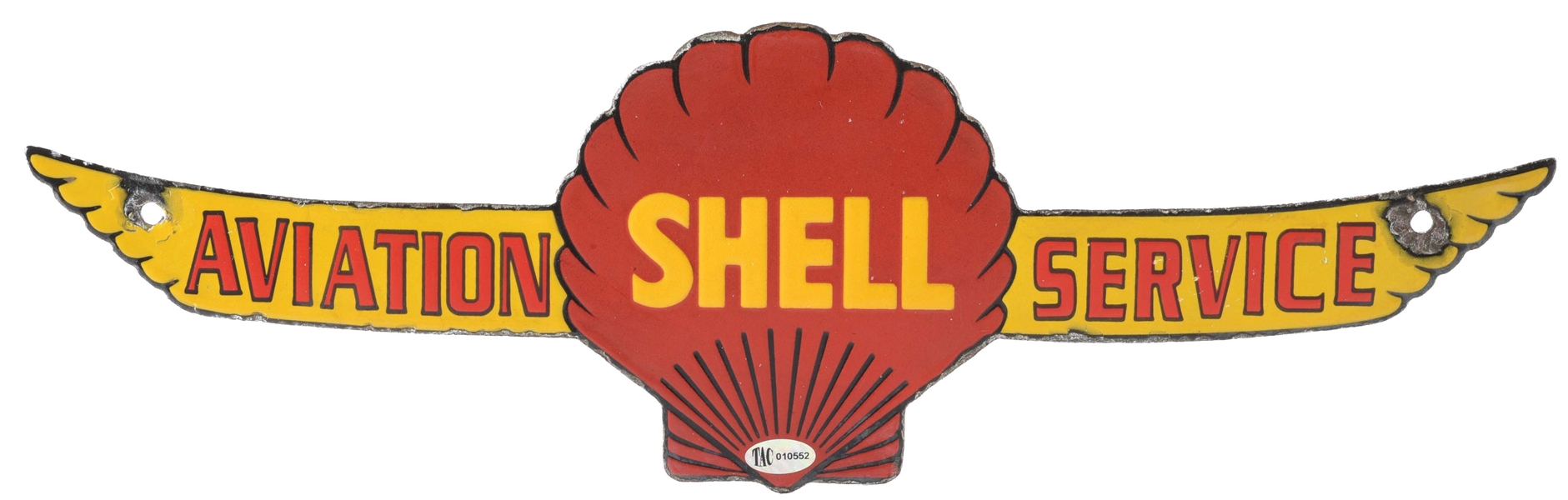RARE & OUTSTANDING SHELL AVIATION SERVICE DIE-CUT PORCELAIN SIGN W/ CLAMSHELL & WING GRAPHICS. 