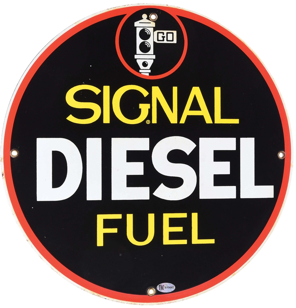 VERY RARE SIGNAL DIESEL FUEL PORCELAIN PUMP PLATE SIGN W/ STOPLIGHT GRAPHIC. 