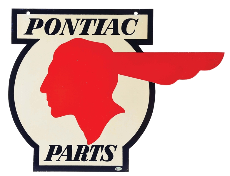 RARE & OUTSTANDING PONTIAC PARTS DIE CUT TIN SIGN W/ FULL FEATHER GRAPHIC. 