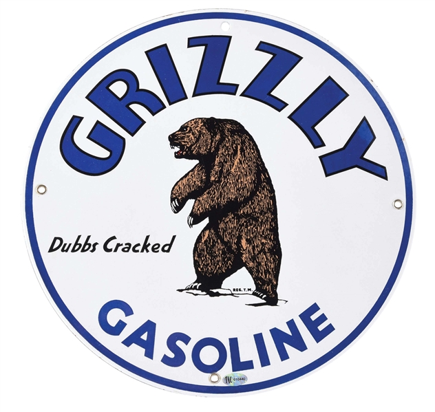 OUTSTANDING GRIZZLY "DUBBS CRACKED" GASOLINE PORCELAIN PUMP PLATE SIGN W/ GRIZZLY BEAR GRAPHIC. 