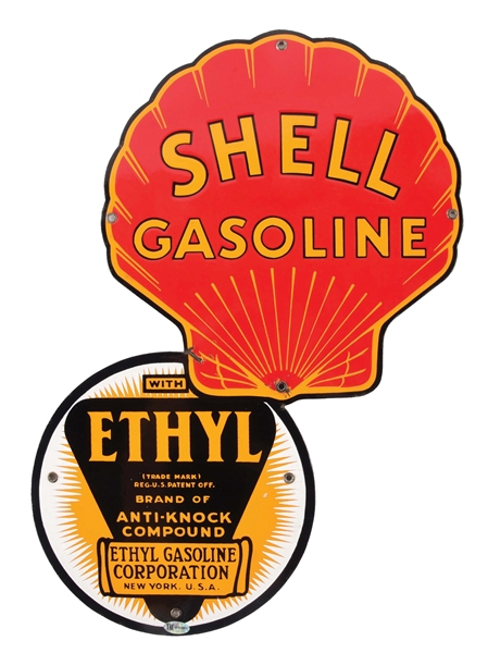 EXTREMELY RARE SHELL ETHYL GASOLINE "EIGHT BALL" PORCELAIN PUMP PLATE SIGN.
