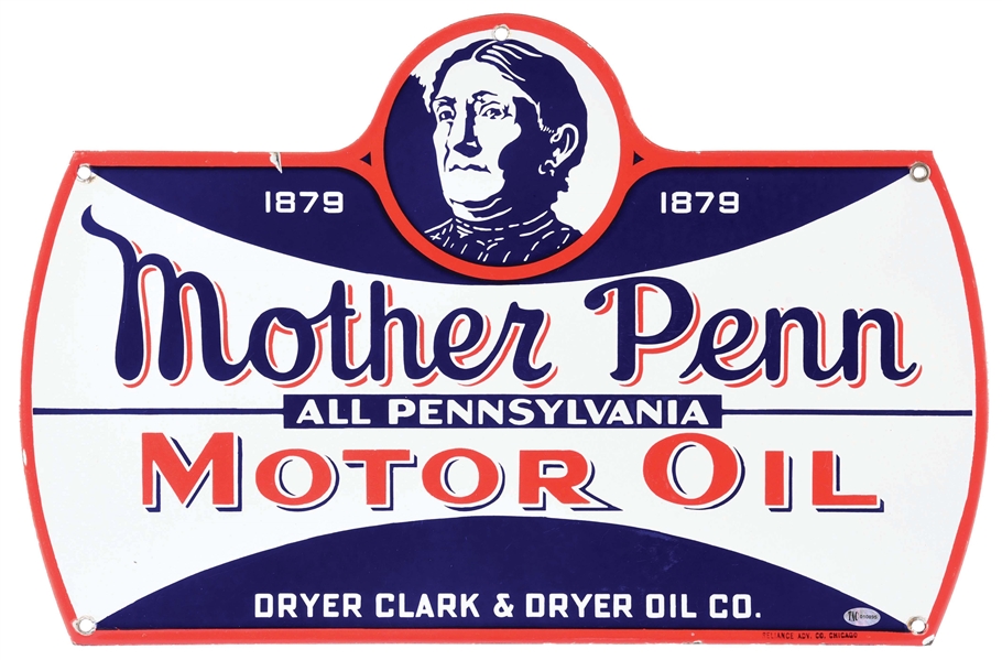 RARE MOTHER PENN MOTOR OIL PORCELAIN OIL RACK SIGN W/ MOTHER PENN GRAPHIC. 