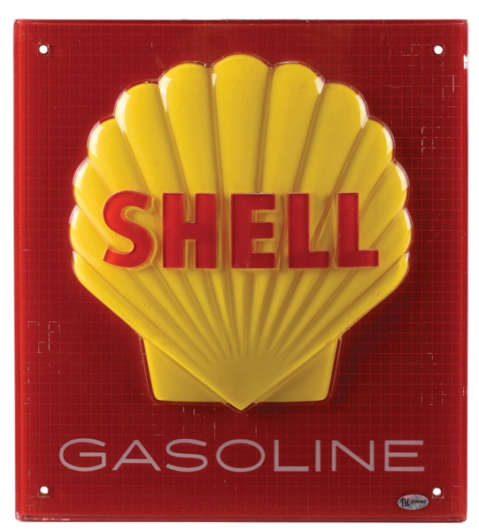 SHELL GASOLINE EMBOSSED PLASTIC PUMP PLATE SIGN W/ CLAMSHELL GRAPHIC. 