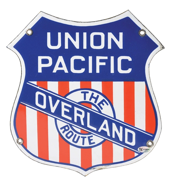 RARE UNION PACIFIC OVERLAND ROUTE PORCELAIN SHIELD SIGN.