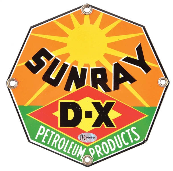 UNUSUAL SUNRAY D-X PETROLEUM PRODUCTS PORCELAIN SIGN.