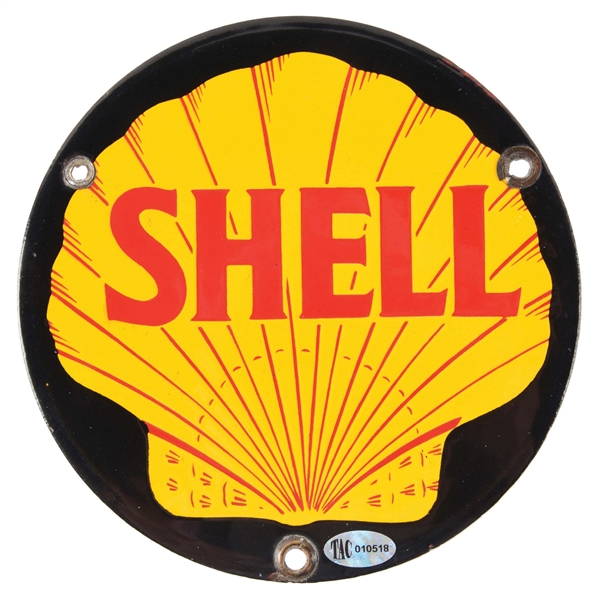 RARE & OUTSTANDING SHELL GASOLINE PORCELAIN DELIVERY TRUCK SIGN W/ CLAMSHELL GRAPHIC. 