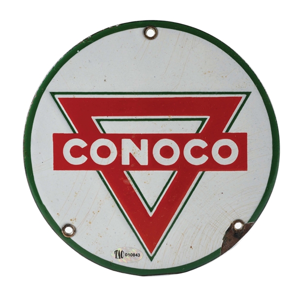 UNUSUAL CONOCO GASOLINE & MOTOR OILS PORCELAIN SIGN W/ TRIANGLE GRAPHIC. 