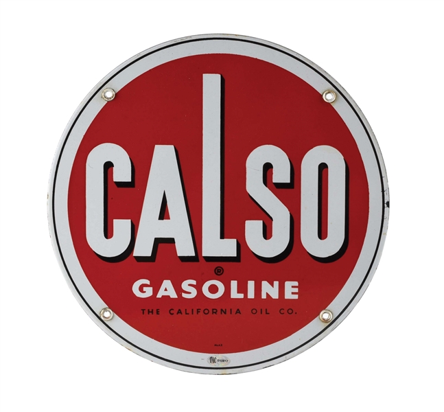 THE CALIFORNIA OIL COMPANY CALSO GASOLINE PORCELAIN PUMP PLATE SIGN.