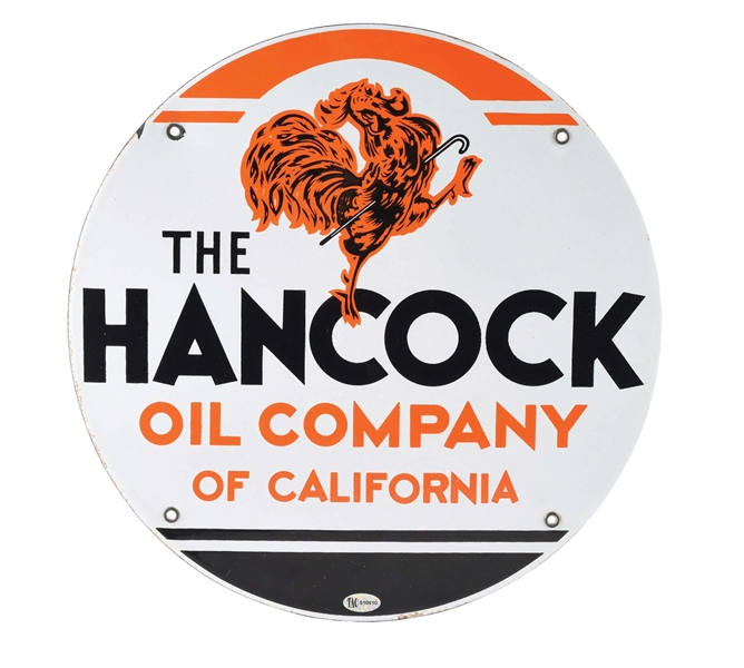 EXTREMELY SCARCE HANCOCK OIL COMPANY OF CALIFORNIA PORCELAIN TRUCK DOOR SIGN W/ FULL FEATHERED ROOSTER GRAPHIC. 
