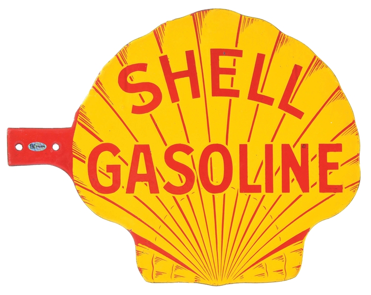 OUTSTANDING SHELL GASOLINE DIE CUT PORCELAIN VISIBLE PUMP PADDLE SIGN. 