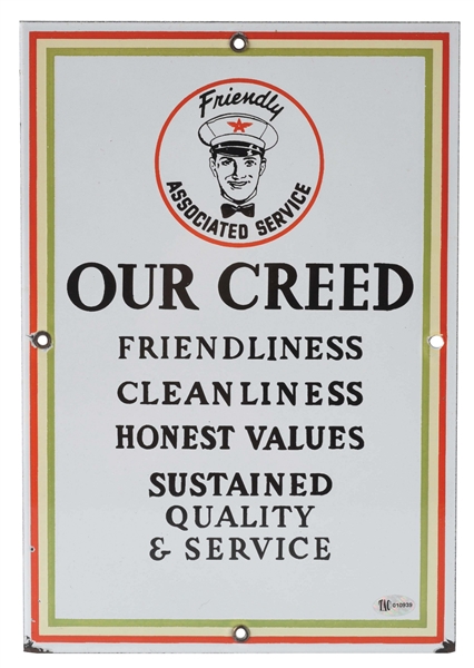 ASSOCIATED FLYING A "OUR CREED" PORCELAIN SERVICE STATION SIGN W/ ATTENDANT GRAPHIC. 