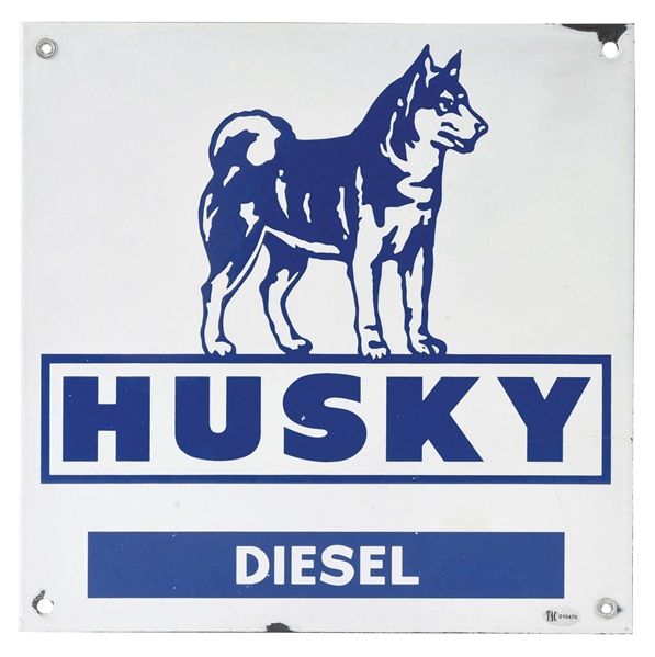 RARE HUSKY DIESEL PORCELAIN PUMP PLATE SIGN W/ HUSKY DOG GRAPHIC. 