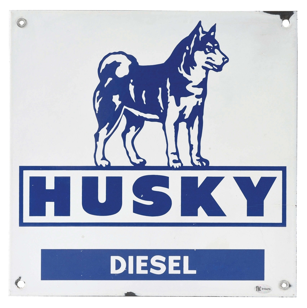 RARE HUSKY DIESEL PORCELAIN PUMP PLATE SIGN W/ HUSKY DOG GRAPHIC. 