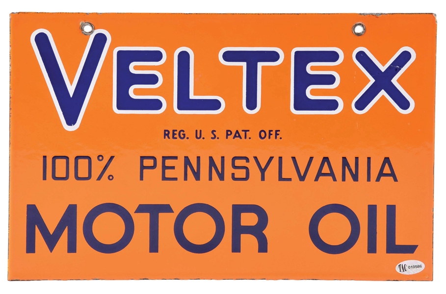 EXTREMELY SCARCE VELTEX MOTOR OILS PORCELAIN OIL CAN RACK SIGN. 