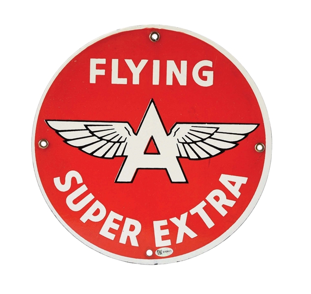 OUTSTANDING FLYING A SUPER EXTRA GASOLINE PORCELAIN PUMP PLATE SIGN W/ FLYING A GRAPHIC.