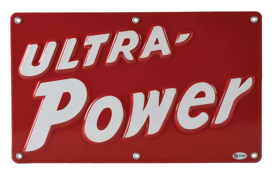 ULTRA-POWER GASOLINE EMBOSSED PORCELAIN PUMP PLATE SIGN.