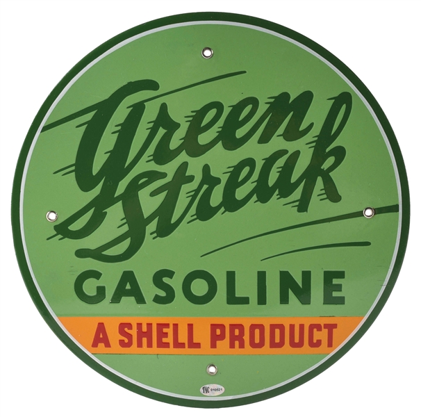 OUTSTANDING SHELL GREEN STREAK GASOLINE PORCELAIN PUMP PLATE SIGN.