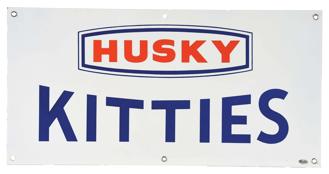 VERY RARE N.O.S. HUSKY GASOLINE KITTIES SERVICE STATION SIGN.