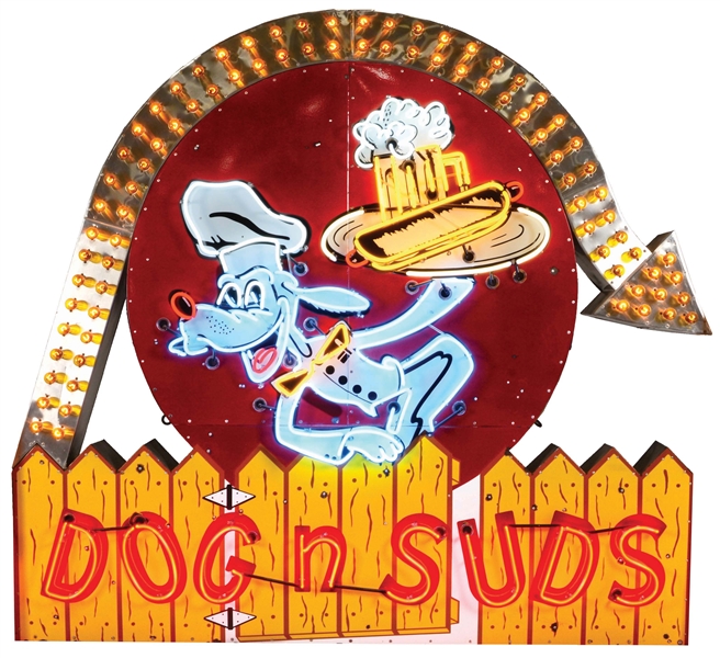 OUTSTANDING DOG N SUDS COMPLETE PORCELAIN SIGN W/ FLASHING BULB ARROW. 