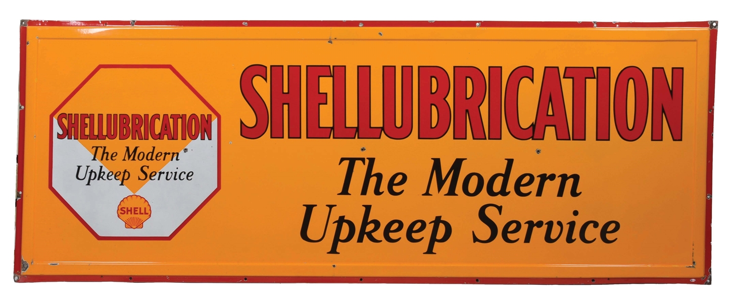 SHELLUBRICATION "THE MODERN UPKEEP SERVICE" PORCELAIN SERVICE STATION SIGN W/ EMBOSSED OUTER EDGE. .