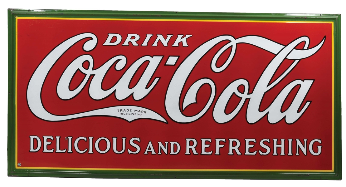 OUTSTANDING DRINK COCA COLA "DELICIOUS & REFRESHING" PORCELAIN SIGN W/ SELF FRAMED OUTER EDGE. 