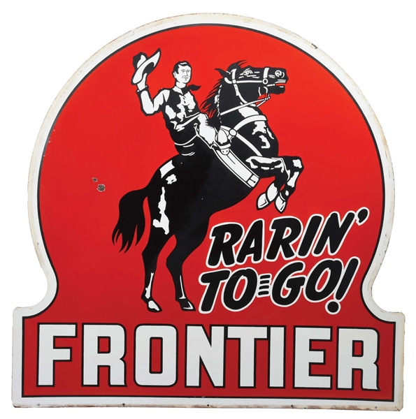 OUTSTANDING FRONTIER "RARIN TO GO" GASOLINE PORCELAIN KEYHOLE SIGN. 