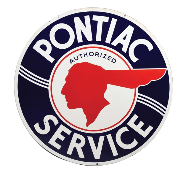 OUTSTANDING & RARE PONTIAC AUTHORIZED SERVICE 60" PORCELAIN SIGN W/ FULL FEATHERED NATIVE AMERICAN GRAPHIC. 