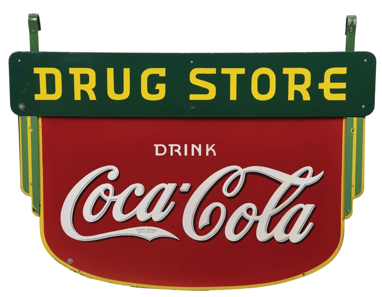 DRINK COCA COLA "DRUG STORE" PORCELAIN SIGN W/ WING & TOPPER ATTACHMENTS. 