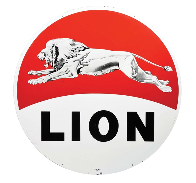LION GASOLINE PORCELAIN SERVICE STATION SIGN W/ LEAPING LION GRAPHIC. 