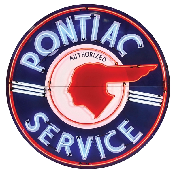 INCREDIBLE N.O.S. PONTIAC AUTOMOBILES AUTHORIZED SERVICE 90" PORCELAIN NEON SIGN. 