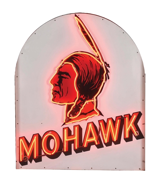 OUTSTANDING & RARE MOHAWK GASOLINE PORCELAIN & NEON TOMBSTONE SIGN W/ NATIVE AMERICAN GRAPHIC. 
