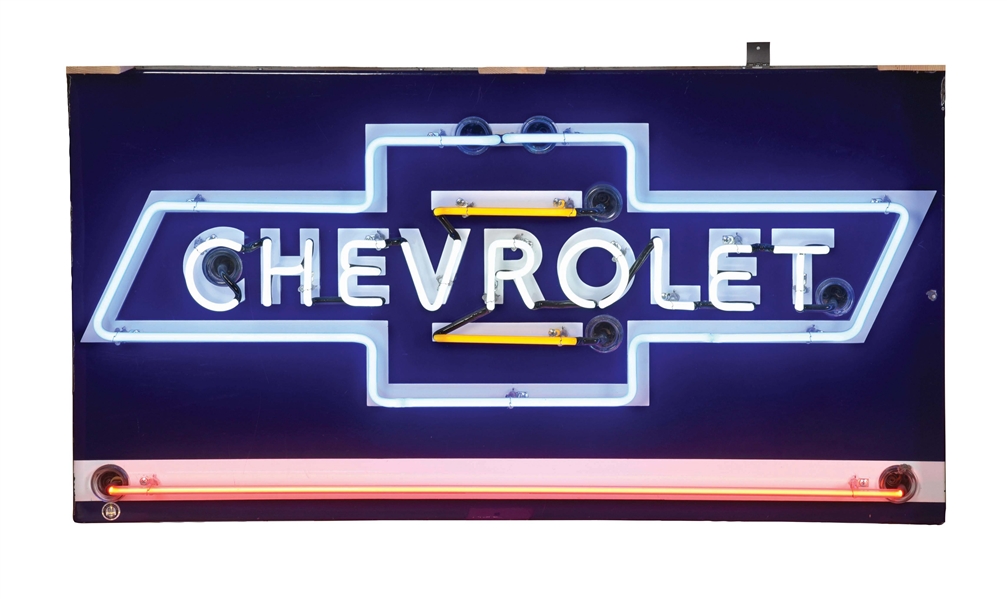 OUTSTANDING CHEVROLET PORCELAIN NEON SIGN W/ BOWTIE GRAPHIC. 