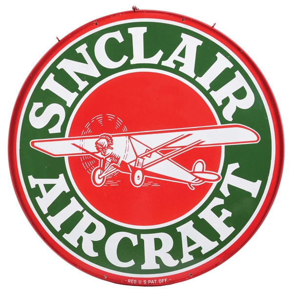 INCREDIBLE SINCLAIR AIRCRAFT GASOLINE PORCELAIN SERVICE STATION SIGN W/ PLANE GRAPHIC. 