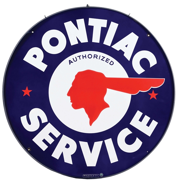 OUTSTANDING & RARE PONTIAC AUTHORIZED SERVICE 48" PORCELAIN SIGN W/ FULL FEATHERED NATIVE AMERICAN GRAPHIC. 