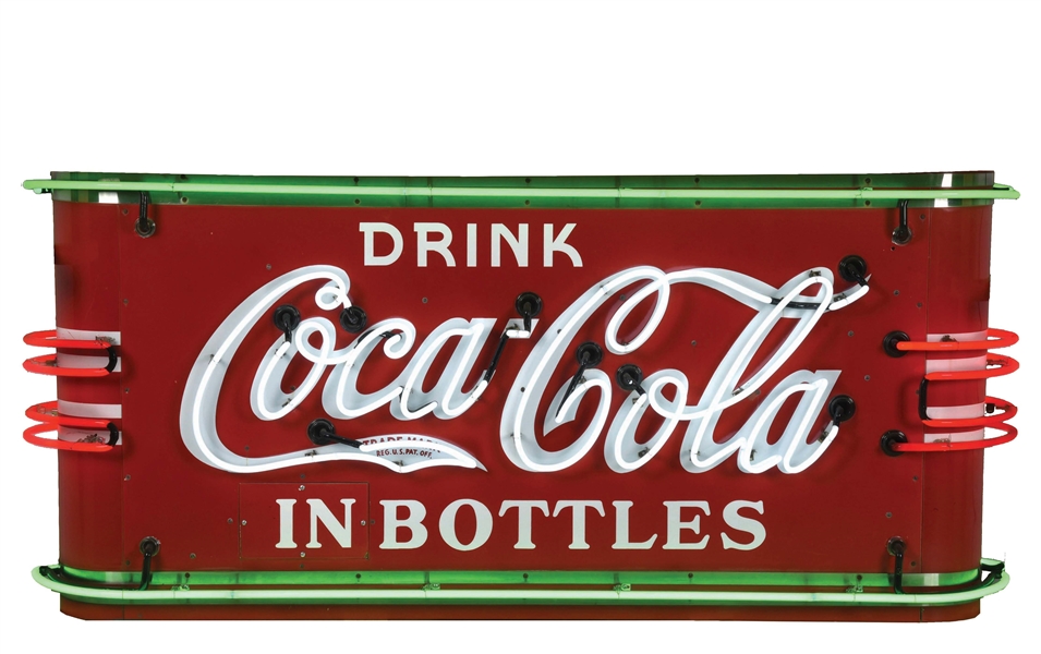 OUTSTANDING DRINK COCA COLA IN BOTTLES PORCELAIN NEON SIGN W/ DOUBLE BULLNOSE. 