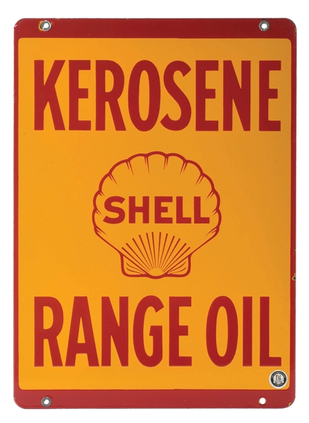 SHELL KEROSENE & RANGE OIL PORCELAIN SERVICE STATION SIGN W/ CLAMSHELL GRAPHIC. 