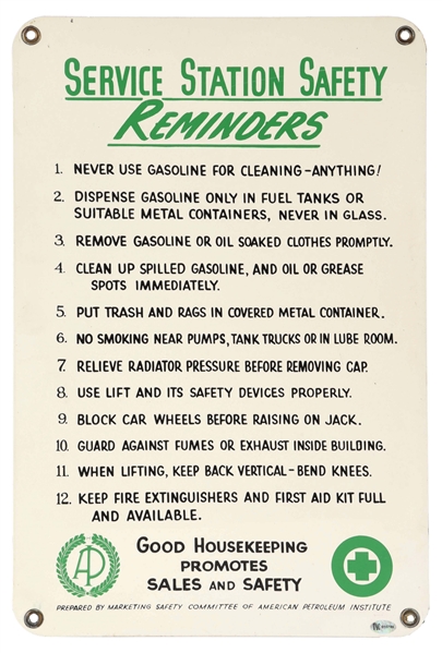 AMERICAN PETROLEUM INSTITUTE SERVICE STATION SAFETY REMINDERS TIN SIGN.  