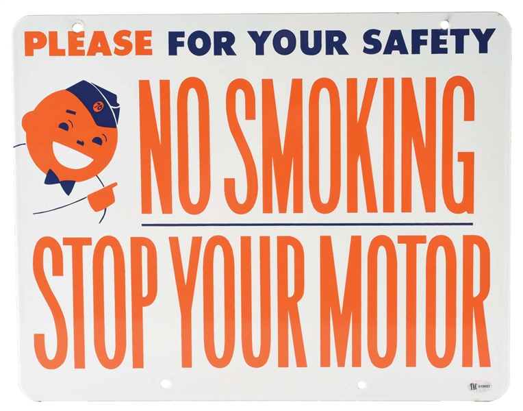 OUTSTANDING UNION 76 NO SMOKING STOP YOUR MOTOR PORCELAIN SERVICE STATION SIGN W/ SPEEDY GRAPHIC.