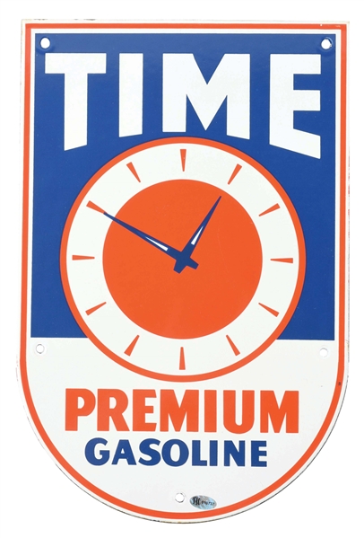 TIME PREMIUM GASOLINE PORCELAIN PUMP PLATE SIGN W/ CLOCK FACE GRAPHIC. 