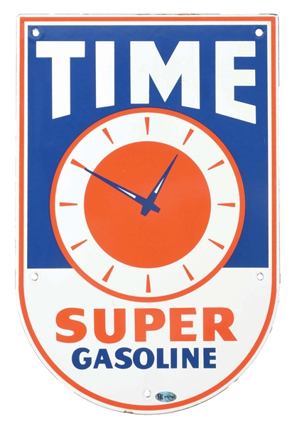 TIME SUPER GASOLINE PORCELAIN PUMP PLATE SIGN W/ CLOCK FACE GRAPHIC. 