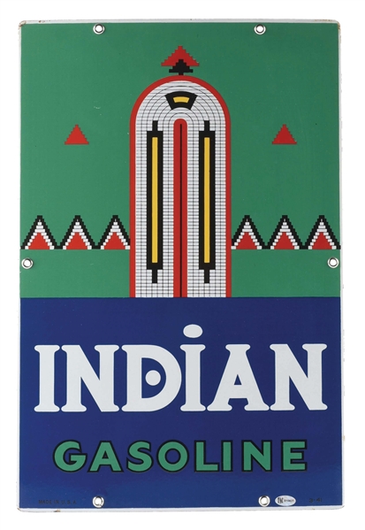 INDIAN GASOLINE PORCELAIN PUMP PLATE SIGN W/ BEADWORK GRAPHIC. 