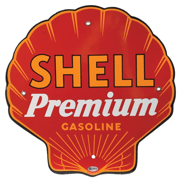 OUTSTANDING SHELL PREMIUM GASOLINE PORCELAIN PUMP PLATE SIGN. 