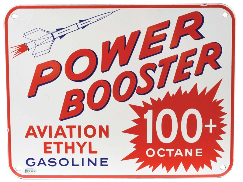 VERY RARE POWER BOOSTER AVIATION ETHYL GASOLINE PORCELAIN PUMP PLATE SIGN W/ ROCKET GRAPHIC. 