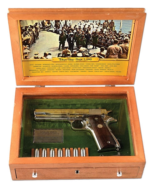 (M) COLT WORLD WAR II PACIFIC THEATER COMMEMORATIVE 1911A1 SEMI-AUTOMATIC PISTOL WITH DISPLAY CASE.