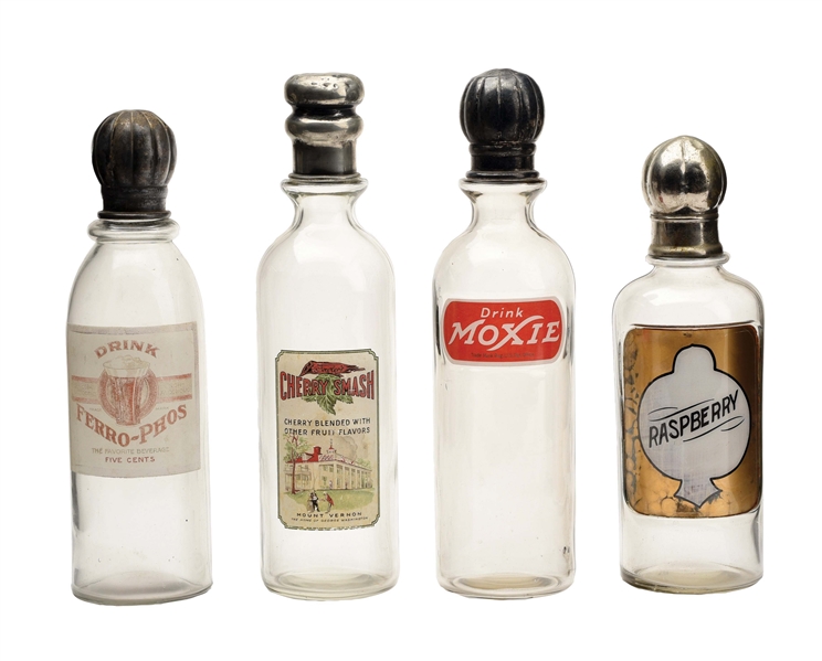 LOT OF 4: SODA FOUNTAIN SYRUP BOTTLES.