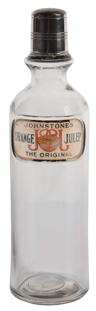 JOHNSTONES ORANGE JULEP LABEL UNDER GLASS SODA FOUNTAIN SYRUP BOTTLE.